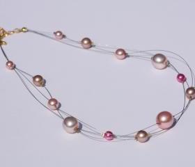 Pink glass pearl multi strand illusion necklace