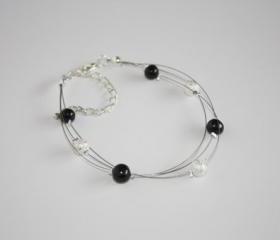 Multi strand floating illusion bracelet, black freshwater pearl and silver stardust beads, Hera.