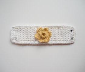 White Cotton Crochet Cuff Bracelet with Yellow Buttercup, ready to ship.