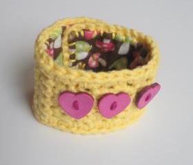 Yellow Cotton Crochet Cuff Bracelet with Pink Heart Buttons, ready to ship.