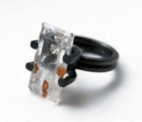 Oxidized Sterling Silver Ring. Dendritic Quartz. One of a Kind. SILEX Ring. US Size: 6. Handmade by Maria Goti Joyas.