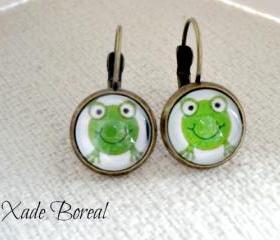 Dangle Earrings - Bronze tone-Cute frog