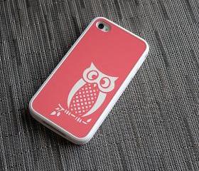 Coral and White Owl Custom iPhone 4 or 4s Silicone Case