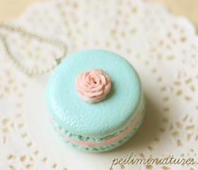 Food Jewelry - Aqua Macaron With Rose Necklace