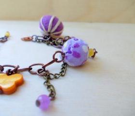 Colorful Charm Bracelet, Copper Chain Bracelet, Felt Jewelry, Hippie Boho Fashion, Semi precious stones, Under 50 30 25
