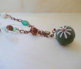 Green Romantic Beaded Necklace,Green White,Felt Beaded Necklace,Chain Necklace,Romantic Boho Fashion,Under 50