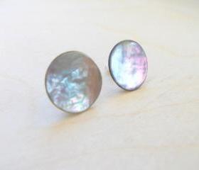 Silver Grey Earring Studs , Mother of Pearl Earring Posts , Button Earring Posts, Under 20