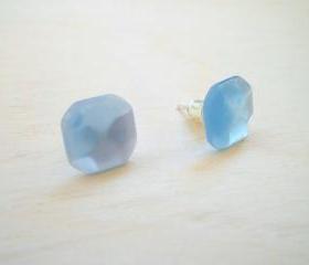 Blue Earring Posts , Light Blue Tiny Cube Earrings Studs , Geometry Fashion, Everyday Jewelry, Under 15 20 25