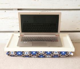I- Pad stand or Laptop Lap Desk- Off White with Mediterranean print lycra Pillow