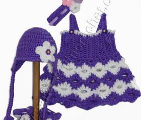 Newborn Purple Dress (Set) with Matching Purple Hat, Purple Headband, Purple Booties -Free Shipping