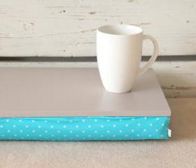 I- Pad stable table or Laptop Lap Desk without edges - Soft Grey with Aqua Polka Dot pillow- Custom Order