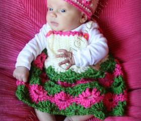 Pink Newborn Girls Cream Dress Pink and Green Dress Handmade Dress for Newborn Girl- Pink Jumper Dress for Newborn