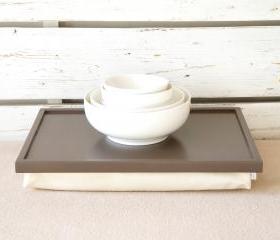Breakfast serving Tray or Laptop Lap Desk- Greyish brown with ivory Linen fabric