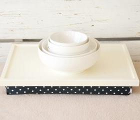 I- Pad stand or Laptop Lap Desk- Off white with Black and white polka Dots lycra Pillow