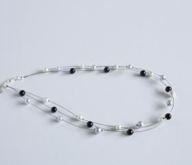 Floating multi strand necklace in black lilac and white freshwater pearls, Selene