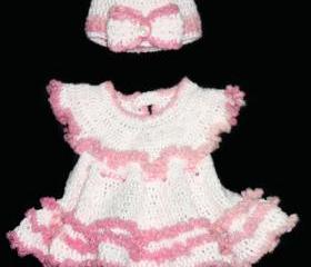Newborn Girls Pink Dress with Ruffles- Crochet Infant Girls Christening Dress with matching Hat