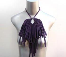 Bib Necklace Fabric Hipster Jewelry Jewellery Tribal African Neckpiece Bibs Fiber Unique Ethnic Womens Cotton Necklaces Eggplant Purple