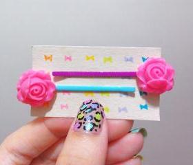 Clay Flower Bobby Hair Pin in a Pair （ Magenta / Deep Pink )