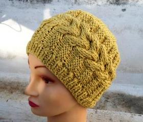 Women Cable Knit Hat, Mustard Yellow Hat, Knit Beret, Oversized Hat, Knit Hat