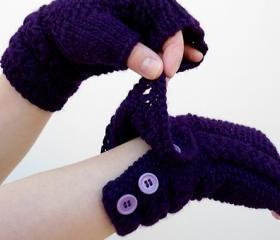 Fingerless Gloves, Knit Purple Mittens with Button, Arm Warmers, Winter Accessories