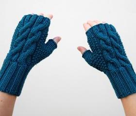 Dark Teal Mittens, Double Cable Fingerless Gloves, Knit Arm Warmers, Winter Accessories