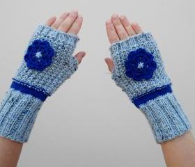 Baby Blue Mittens, Knit Fingerless Gloves with Blue Flower, Arm Warmers, Winter Accessories