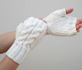 Knit Double Cable Fingerless Gloves, Beige Mittens, Arm Warmers, Winter Accessories 
