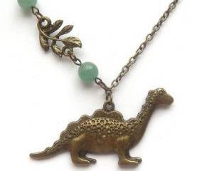 Antiqued Brass Leaf Dinosaur Jade Necklace
