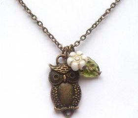 Antiqued Brass White Czech Glass Flower Owl Necklace