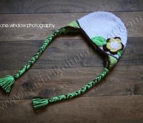 Girls White Hat - White Hat for Girls with Yellow Flower Hat - Toddler White Hat with earflaps and Tassels