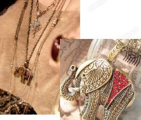 Retro Vintage Bronze Red Rhinestone Lucky Elephant Pendant Necklace