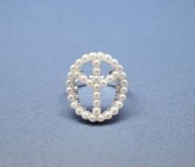 Peace sign with Pearl in Silver - Adjustable Ring