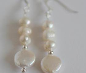 Ivory freshwater pearl, coin pearl and sterling silver earrings