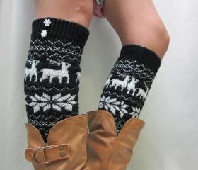 NEW black Ski sweater snowflake pattern leg warmers womens great an be worn over or under with boots by Catherine Cole Studio legwarmers