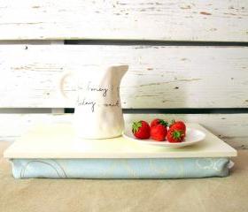 Computer pillow tray without borders- off white with sky blue floral cushion- Custom Order