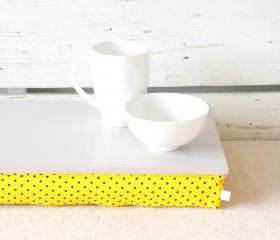 I- Pad stable table or Laptop Lap Desk without edges - Grey with yellow and black polka dots pillow- Custom Order
