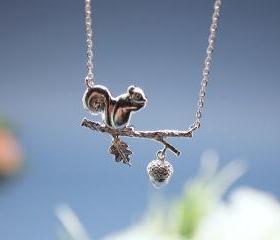 Forest Squirrel On a Branch Necklace in silver
