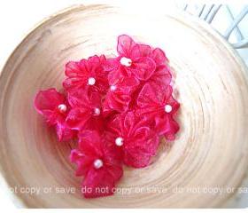 Organza scarlet jewel flower with pearl centered / pack 