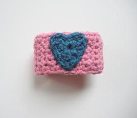 Pink Cotton Crochet Cuff Bracelet with Royal Blue Heart, ready to ship.