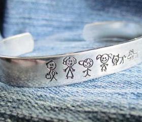 Stick Family Bracelet Cuff Hand Stamped Cat Dog Baby Mom Dad Girl Boy Personailzed for You