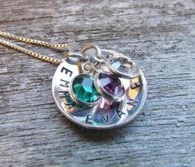 Sterling Silver Personalized Necklace Mothers Hand Stamped Jewelry Custom Name Keepsake Pendant Crystal Swarovski Charms Cupped 