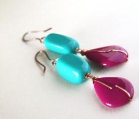 teal and plum earrings in copper - colorful 80s inspiration