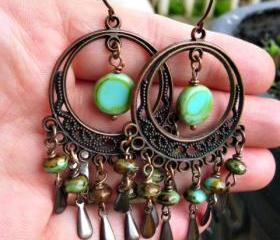 Chandelier earrings. Scroll filigree. Antique copper, green Czech Picasso glass. Bohemian, boho dangle earrings. Jewelry. Hoops.