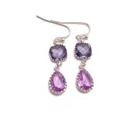 Purple glass framed earrings - gold framed earrings - Purple teardrop earrings - Sweet Tart