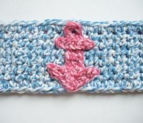 Light Blue Nautical Crochet Cotton Cuff Bracelet with Pink Anchor applique, ready to ship.
