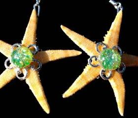 Starfish Earrings with Green 1950's Vintage Glass Bead