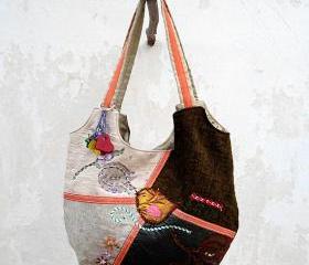 Hobo Bag in Grey Green Beige, Patchwork Bag Little Bird, HandMade Bag, Book Bag, City Bag.Ready to Ship,Single Copy.