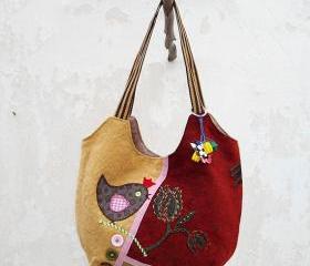 Hobo Bag in Red Green Yellow, Patchwork Bag Little Bird, HandMade Bag, Book Bag, City Bag.Ready to Ship,Single Copy.