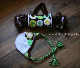 Girls Brown Purse with matching Beanie- Floral Brown Mini Bag - Tootsie Roll Bag for Little Girls
