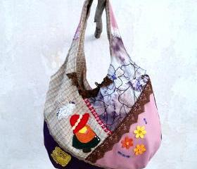 Little Red Riding Hood, Hobo Bag in Pink Brown Purple , Patchwork Bag, HandMade Bag, Book Bag, City Bag.Ready to Ship,Single Copy.